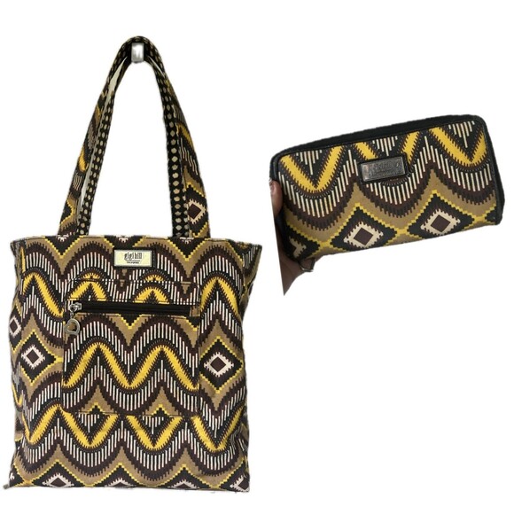 Gigi Hill Sunburst Coated Canvas Tote Shoulder Bag Matching Zip Around Wallet - Picture 1 of 12